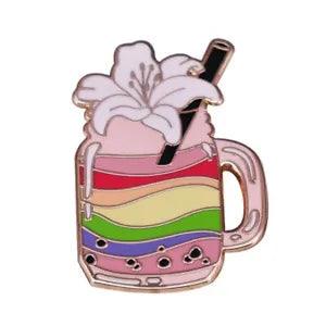 Rainbow Bubble Tea Lily Flower LGBTQ Cartoon Metal Enamel Badge Brooch Pin