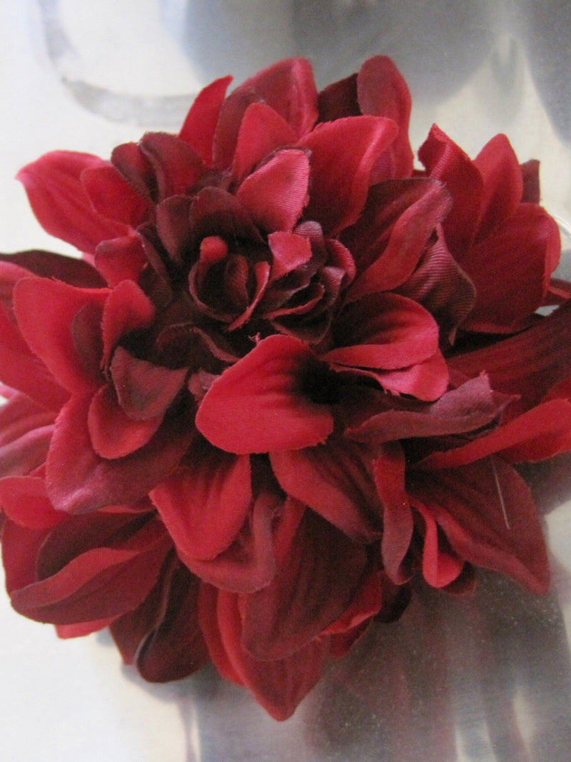 4.5" Variegated Fire Red Poly Silk Dahlia Flower Brooch Pin silk flower