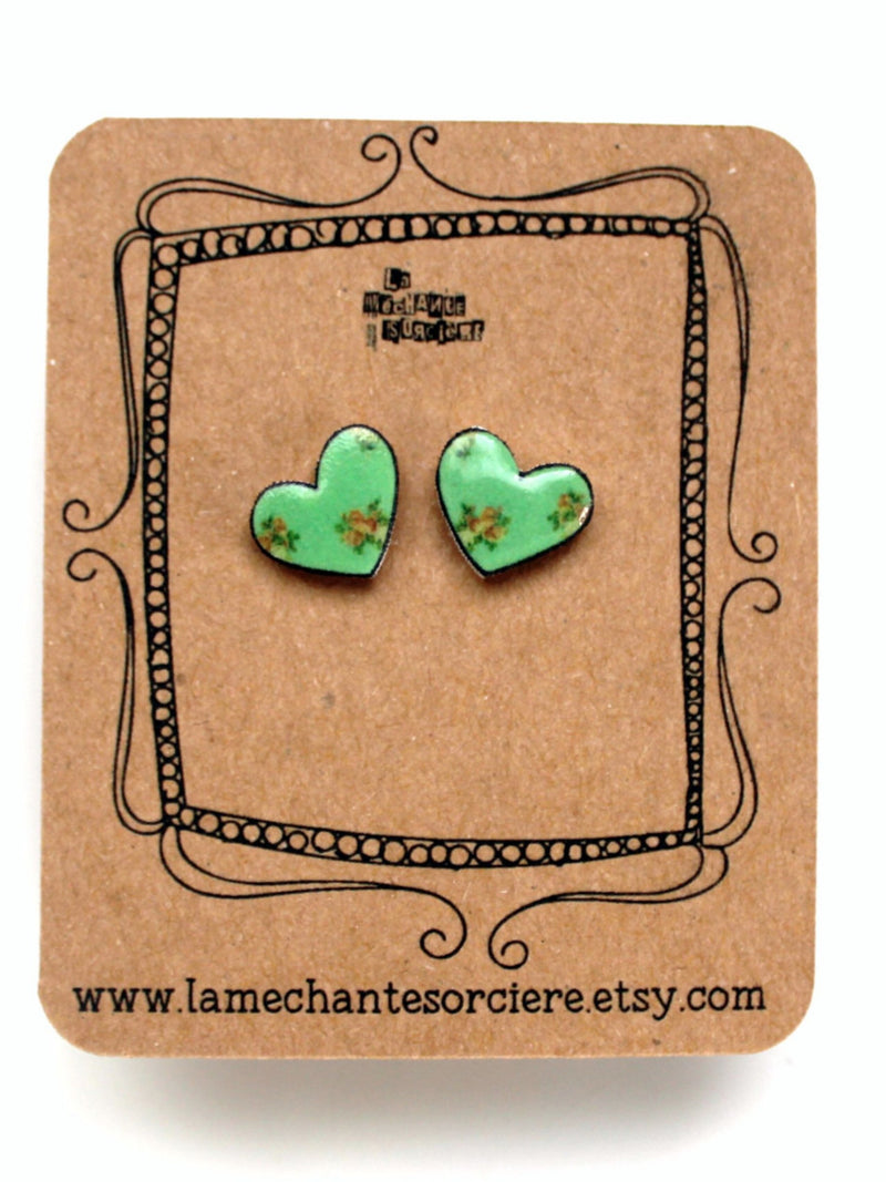 Little hearts in bloom earrings, green and pink, La MŽchante Sorci�re, love, jewel, jewelry, gift, Stainless steel studs, flowers, romance Love Romance Flower