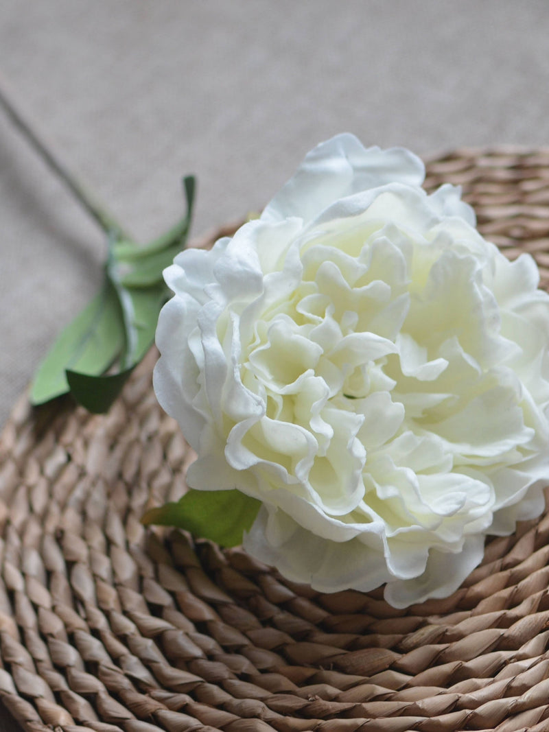 Ivory cream peony flower with green leaves, real touch PU silk-style faux bloom