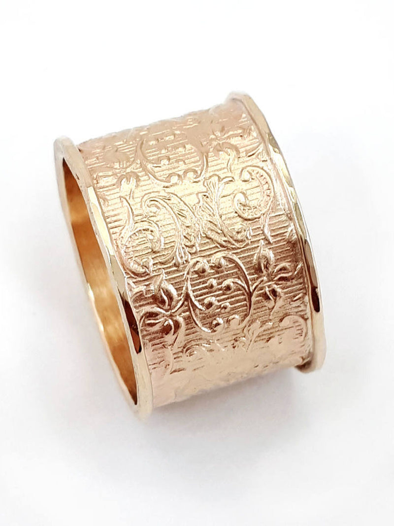 Gold ring, wide solid gold wedding ring, gold wedding band, art nouveau design, flower and leaf pattern, lace gold texture, spring wedding wedding flower