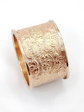 Gold ring, wide solid gold wedding ring, gold wedding band, art nouveau design, flower and leaf pattern, lace gold texture, spring wedding wedding flower