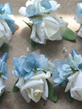 Ivory Rose Boutonnieres Real Touch Roses Bud Light Blue Hydrangeas Boutonnieres wedding flower