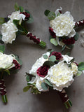 Ivory Burgundy Rustic Bridal Bouquets, Peonies Burgundy Roses, Calla Lilies, Eucalyptus, Real Touch Flowers, Wedding Package wedding flower