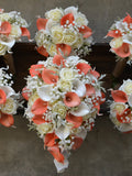 Ivory Coral Cascade Bridal Bouquets, Real Touch Flowers, Calla lilies, Roses, Dusty Millers, baby's breath, Wedding Package Bouquet