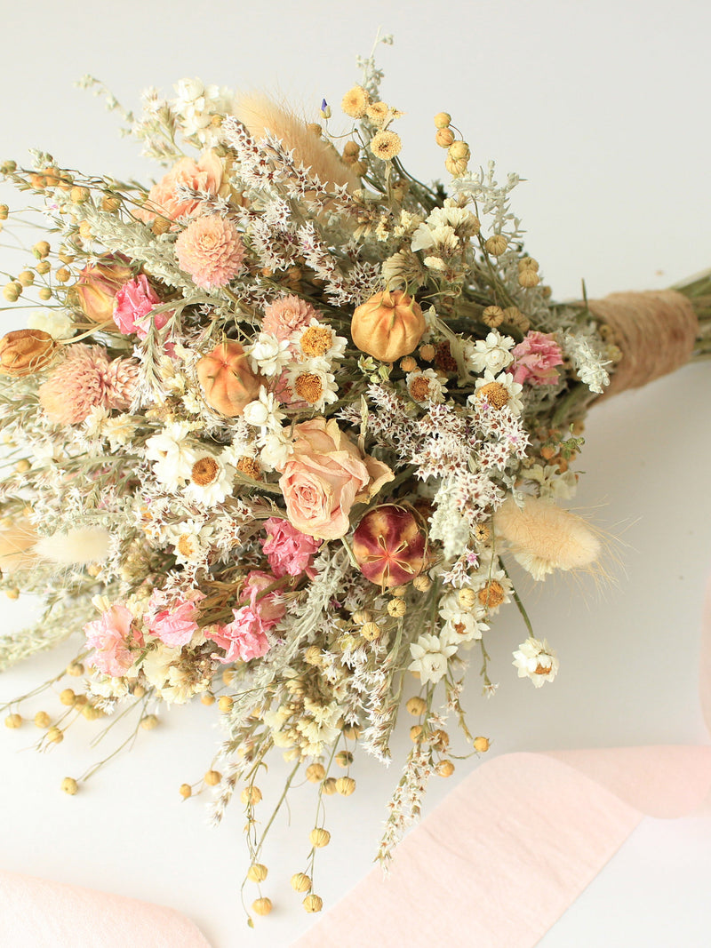 Pink Dream Peach Dried Flowers Bouquet / Preserved Daisy Rose Flowers Bouquet / Wedding Bridal bouquet / Preserved silver grey herbs Natural wedding flower