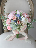 Bridal Bouquet,Blush Pink and Pale Blue Classic Wedding Bouquet, Rustic Boho Flower Bouquet,  Design in Rose Peony and Hydrangea wedding flower