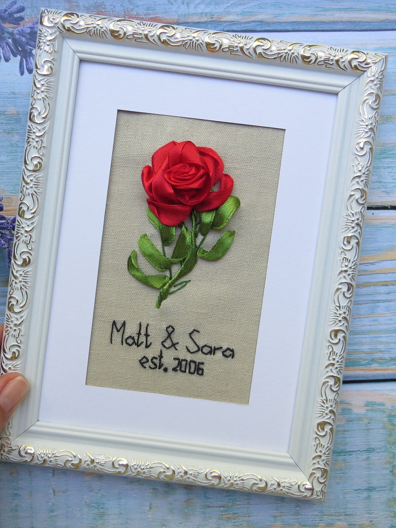 Embroidered Flower Portrait, 4th/12th Anniversary Gift, Personalized Linen Art ANNIVERSARY