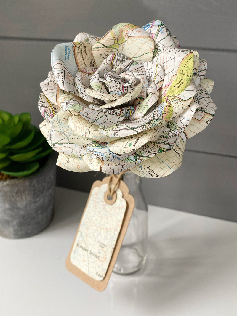 Map Paper Flower 'Bloom in a bottle' with matching gift tag FLOWER DELIVERY
