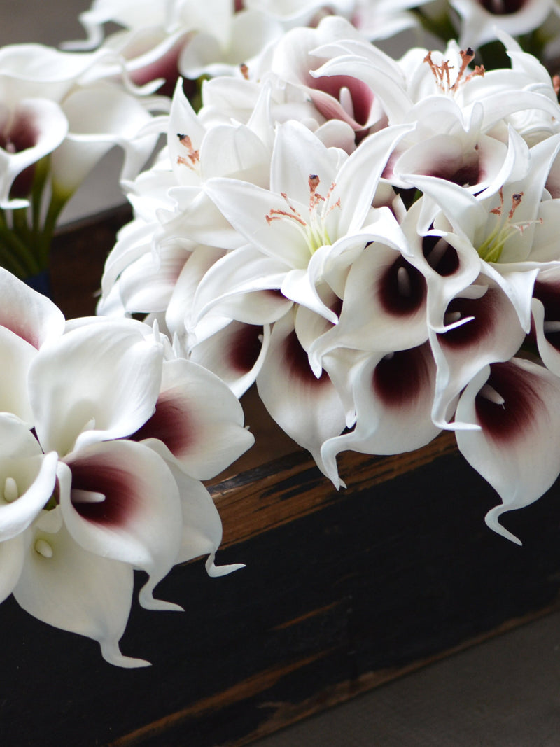 Dark Burgundy Picasso Calla Lilies, Lily Bridal Bouquet, Real Touch Orchids, Bridesmaids Bouquet, Boutonnieres, Wedding Package Bouquet