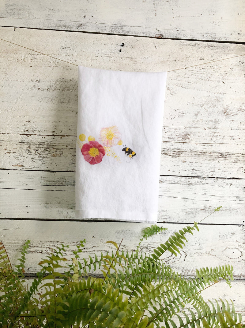 Poppy and bee French linen tea towel, white stone washed dish towel, kitchen decor, house warming, hostess gift house warming flower