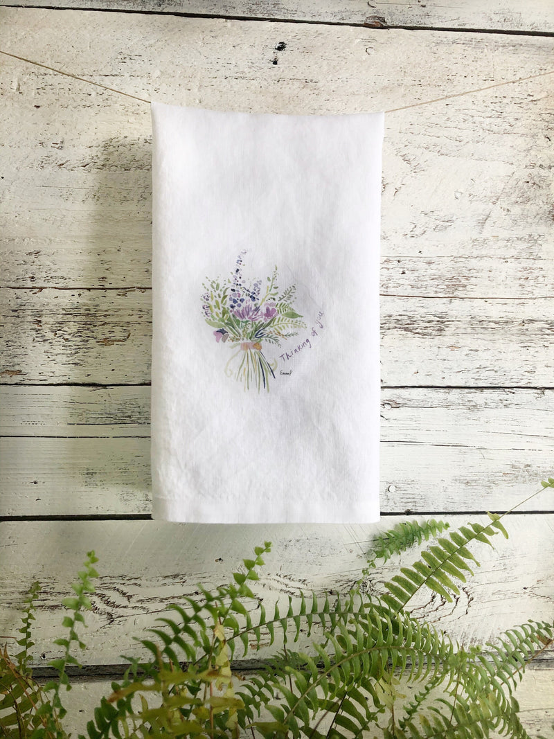 Thinking of you French linen purple floral bouquet tea towel, dish towel, kitchen decor, house warming, hostess gift, flower themed present house warming flower
