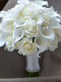 Ivory Bridal Bouquets, Ivory Real Touch Roses, Calla Lilies Wedding Bouquets, Pearls Bouquets Bouquet
