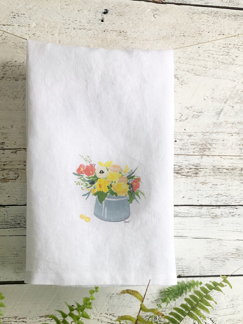 Vintage bouquet linen tea towel, white stone washed french linen, dish towel, kitchen decor, house warming, hostess gift, floral art house warming flower