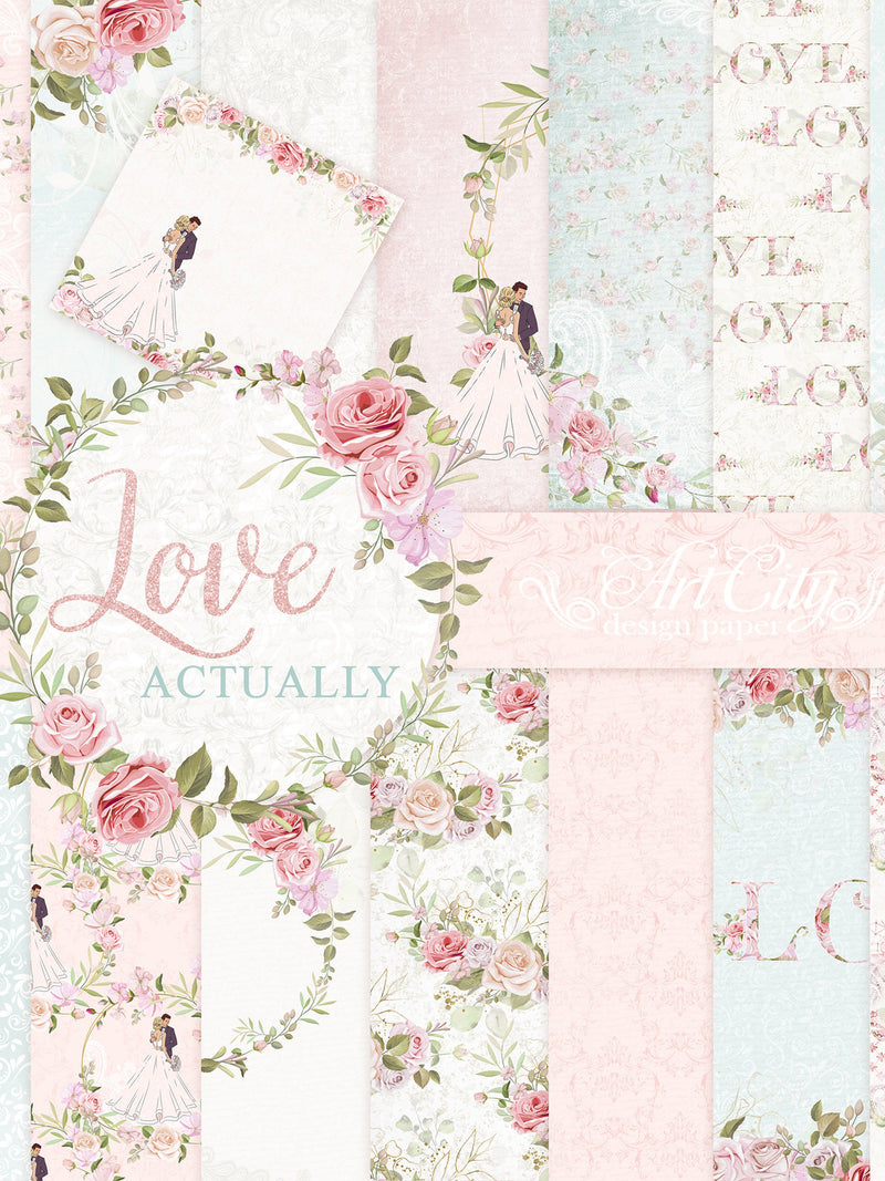 Love Actually Digital Paper, Wedding Floral Backgrounds, Romantic Pink Blue Patterns Love Romance Flower