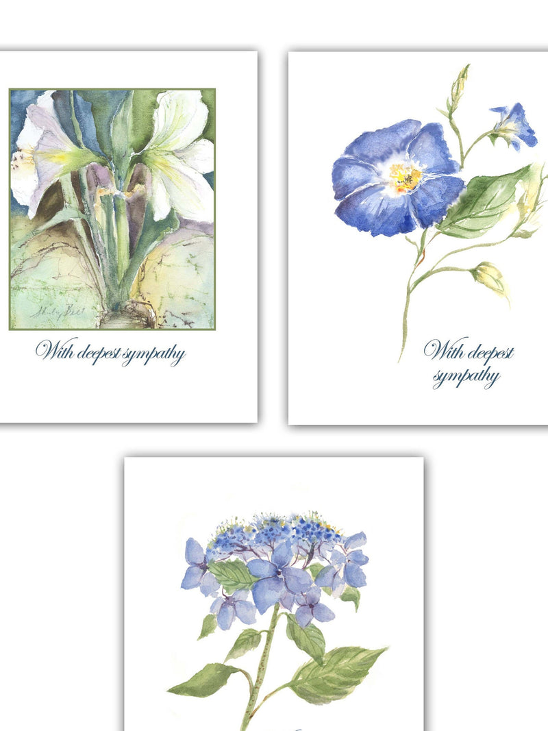 floral watercolor sympathy cards - botanical sympathy cards-  morning glory-  lacecap hydrangea- unique sympathy cards- sympathy flower