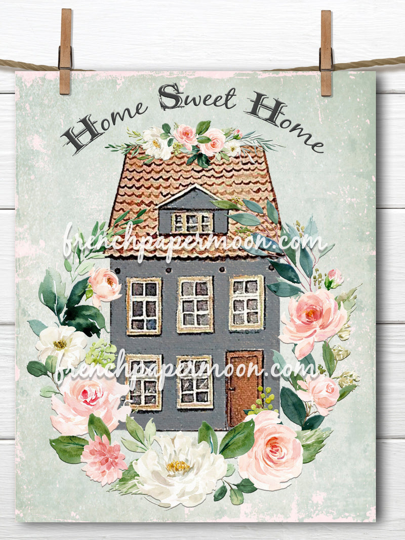Sweet Shabby Cottage Graphic, Home Sweet Home Print, House-Warming, Flower Wreath, New Home Gift, Pillow Image, Sublimation, Fabric Transfer house warming flower
