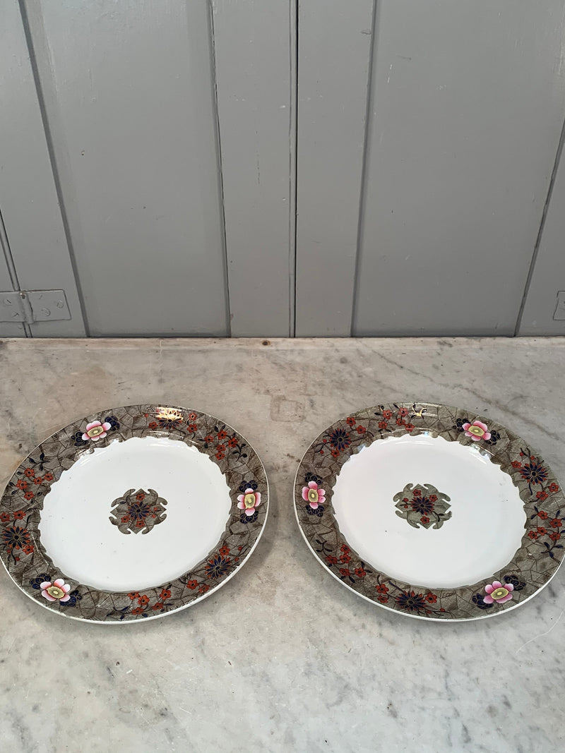 Pair antique Victorian Spode ceramic plates with floral decoration flower spore