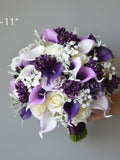 Faux Lilac Purple Wedding Bouquets, Faux Real Touch Calla Lilies, Roses, Lilacs, Artificial Flowers Bridal Bridesmaids Bouquets, Boutonieres wedding flower