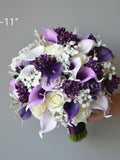 Faux Lilac Purple Wedding Bouquets, Faux Real Touch Calla Lilies, Roses, Lilacs, Artificial Flowers Bridal Bridesmaids Bouquets, Boutonieres Bouquet