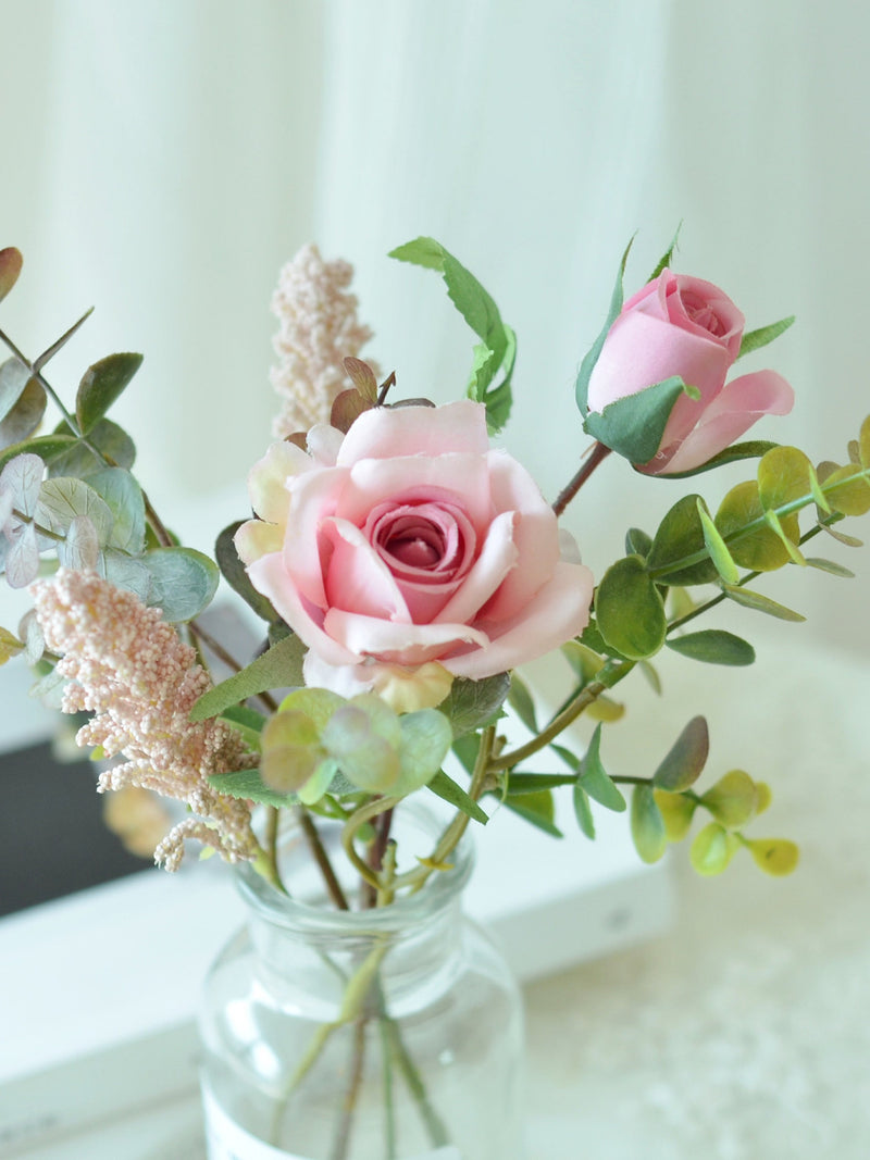 Silk Flower Arrangement in Small Glass Vase, Pink rose Floral bouquet, Birthday, Mother's day gift, Bridal shower, home decor,Office decor silk flower