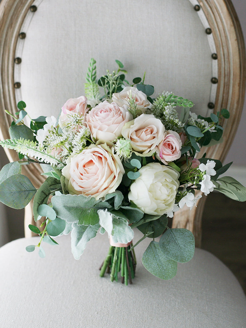 Peach Rose Wedding Bouquet, Boho Bridal Eucalyptus Peony, Silk Flowers Bouquet