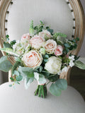 Peach Rose Wedding Bouquet, Boho Bridal Eucalyptus Peony, Silk Flowers Bouquet
