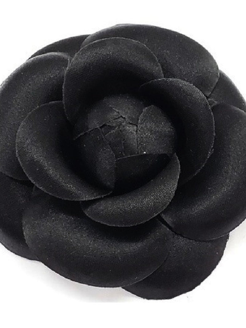 M&S Schmalberg 3" Black Satin Camellia Brooch Lapel Pin - Artificial Flower silk flower