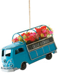 Fresh Flowers Truck Ornament, Blue Bus Holiday Decoration, Tin Christmas Bus with Blooms FLOWER DELIVERY