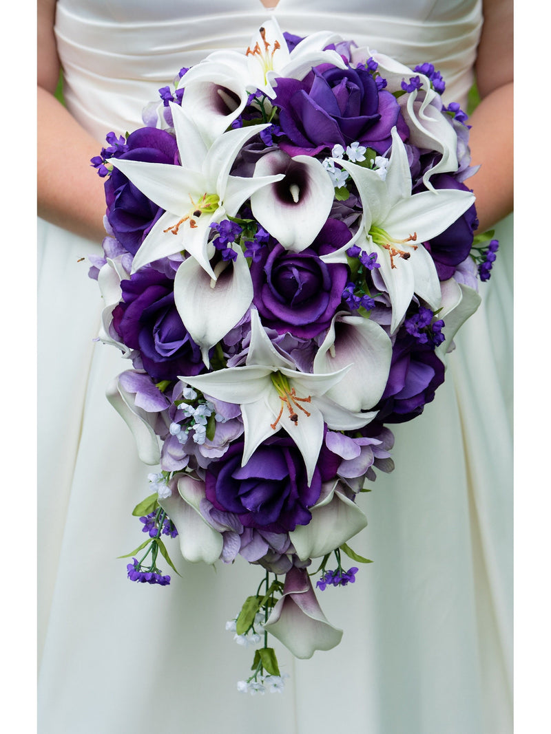 Cascade Wedding Bouquet with Picasso Callas, Purple Roses, Tiger Lilies, Lavender Hydrangea - Add a Groom's Boutonniere Corsage and More! wedding flower