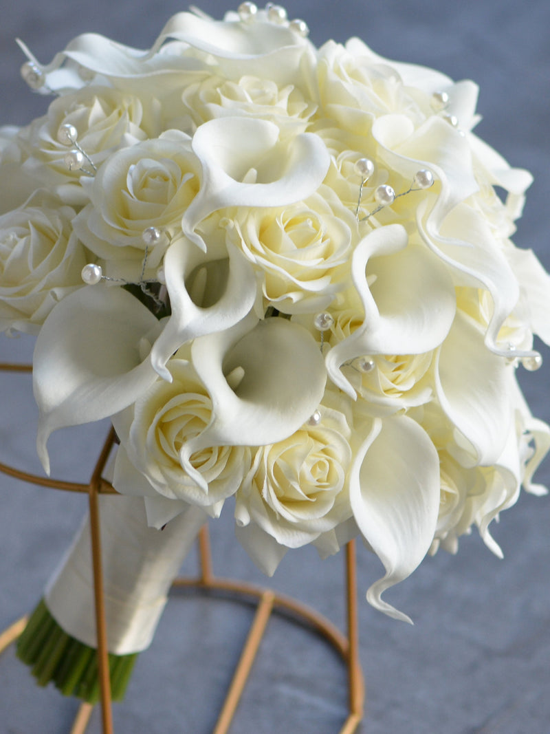 Faux Ivory Real Touch Roses Bridal Bouquet, Calla Lilies Wedding Bouquets, Cream White Wedding Bouquets Fake Flowers, Boutonnieres Corsages wedding flower