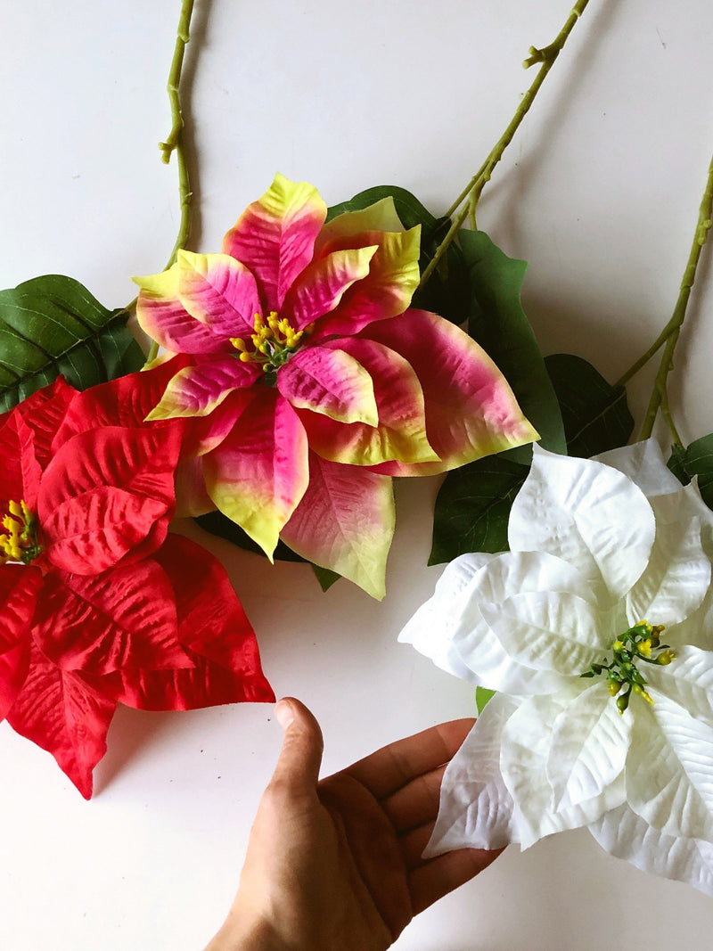 Artificial Poinsettia Stem Christmas Holiday Decor, 25 cm Flower Head 70 cm/27 in Tall faux flowers Grave flowers funeral FLOWER DELIVERY
