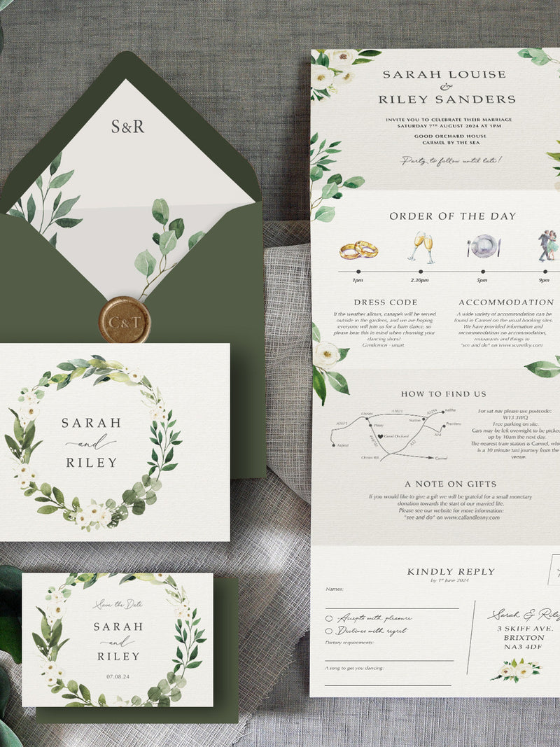 White Floral & Greenery. Luxury Wedding Invitation. Greenery Wedding Invites with white flowers. Eucalyptus, Gypsophila, twine FLOWER DELIVERY