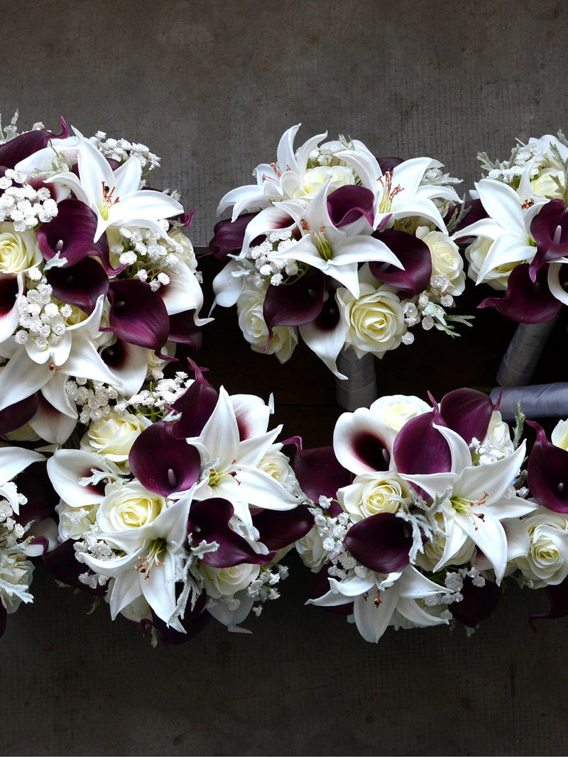 Wine Bridal Bouquets, Rustic Ivory Burgundy Silk Bouquet, Purple Wine Wedding Bouquet, White Tiger Lily, Real Touch Flowers wedding flower