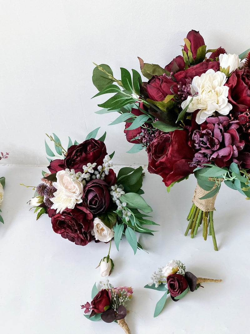 Burgundy & White Wedding Flower Package, Fall Wedding/Winter Wedding Flower Package, Silk Flower Wedding Pakcage, Boho Wedding Flowers, silk flower