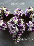 Fake Rustic Purple Bridal Bouquets, Wedding Bouquets, Real Touch Calla Lilies, Ivory White Roses, Baby's Breath, Purple Lilacs, Boutonniere wedding flower
