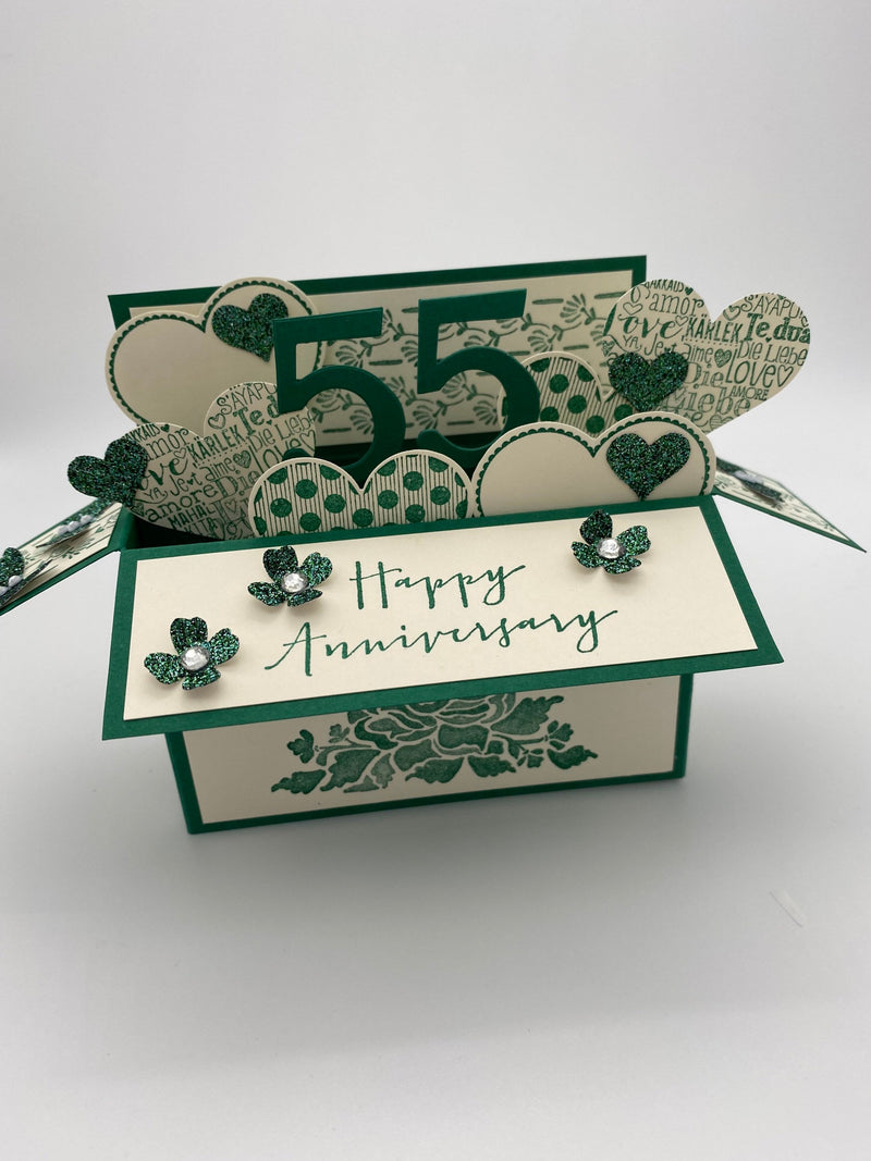Emerald 55th Anniversary Pop Up Card: Hearts, Flowers & Glitter ANNIVERSARY