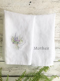 Linen tea towel set, white stone washed french linen, dish towel, kitchen decor, house warming, hostess gift, Mother, purple flower bouquet house warming flower