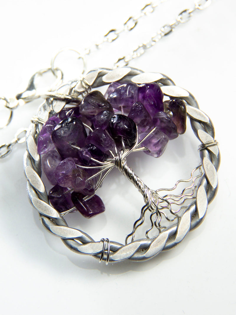 Aluminum Tree of Life Pendant, Amethyst Stone, 10th Anniversary Gift ANNIVERSARY