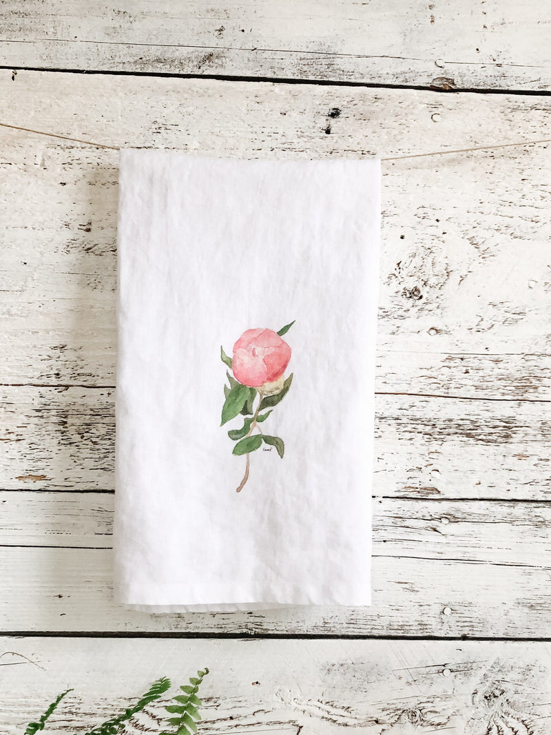 Peony bud French linen tea towel, white stone washed french linen dish towel for kitchen decor, house warming or hostess gift for gardener house warming flower