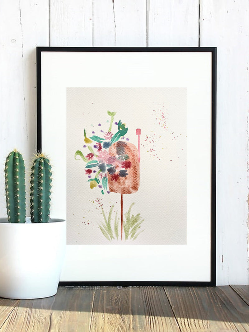 House mailbox flowers watercolor painting, original art, made by hand, home gift, house warming gift, recycled paper, home decor house warming flower