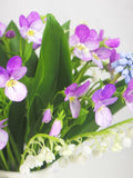 Bouquet of lilies of the valley and violets. Spring bouquet of flowers. Cold porcelain flowers for home decor or as a holiday gift. Handmade flower spore