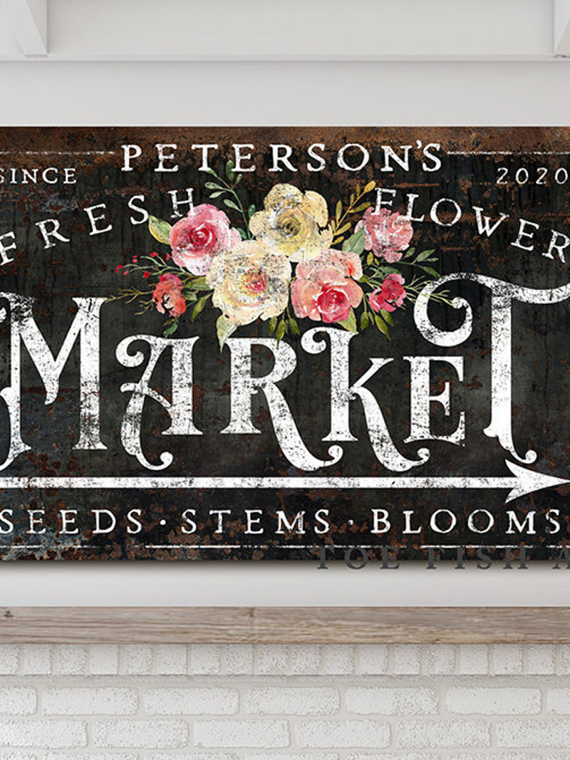 Flower Market Sign Custom Family Name Sign Vintage Farmhouse Wall Decor Rustic Fresh Florals Modern Kitchen Primitive Country Home Wall Art house warming flower