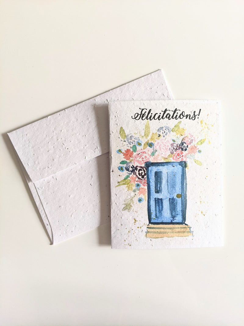 Congratulations, watercolor blue door with flowers on plantable seed paper or watercolor white paper, new home card, house warming card house warming flower