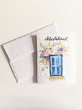 Congratulations, watercolor blue door with flowers on plantable seed paper or watercolor white paper, new home card, house warming card house warming flower