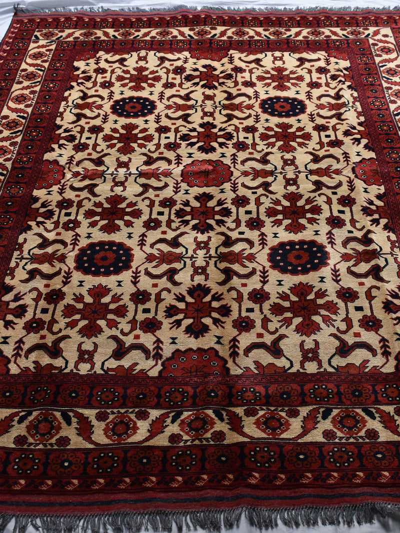 Afghan Handwoven Rug 5x9, Beige Red Floral Medallion Living Room, Vintage Aesthetic, Soft Wool Unique, Play, Bedroom, Kitchen Dining table FLOWER DELIVERY