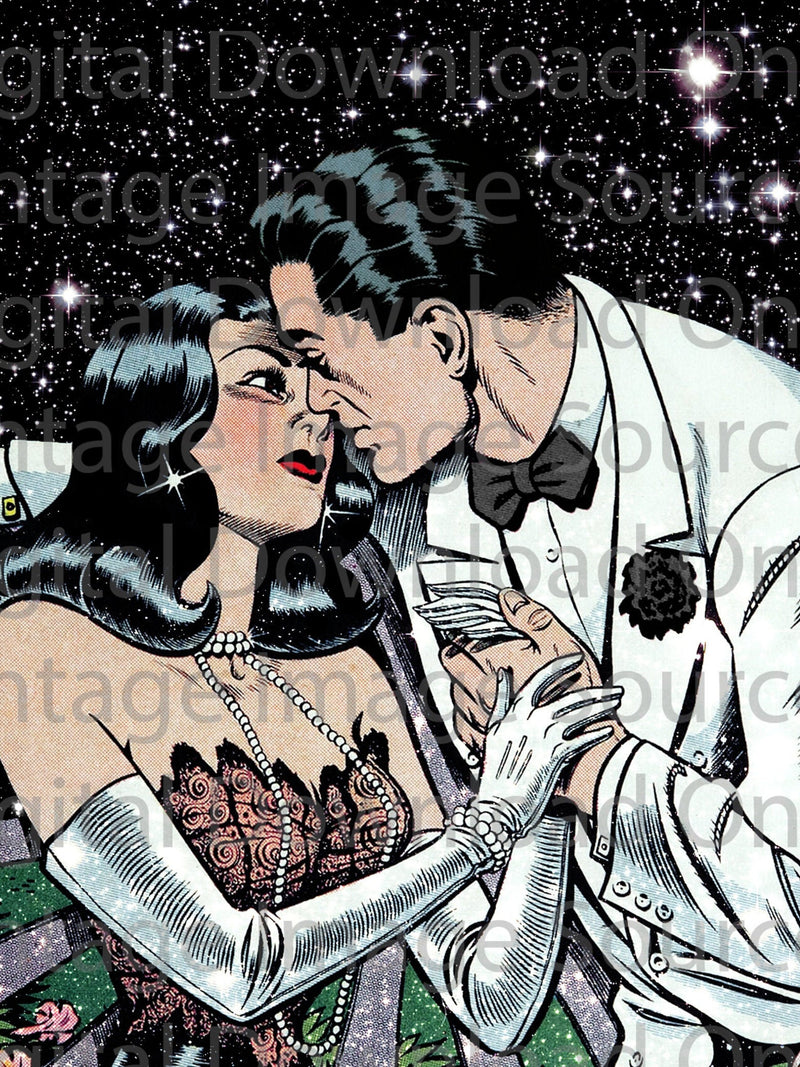 DIGITAL DOWNLOAD Comic Romance Illustration Art Couple Under Stars Kitschy Love Vintage MCM Mid Century Retro Glittery Goth Girl Flowers Love Romance Flower