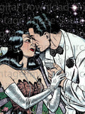 DIGITAL DOWNLOAD Comic Romance Illustration Art Couple Under Stars Kitschy Love Vintage MCM Mid Century Retro Glittery Goth Girl Flowers Love Romance Flower
