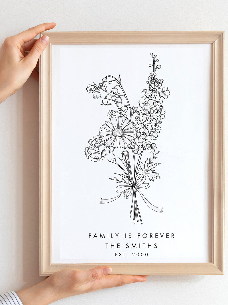 Personalised Birth Flower Art/Housewarming Present/Flower Print/Botanical Print/Family Gift/Family Flower Print/Mothers Day Gift birthday flower