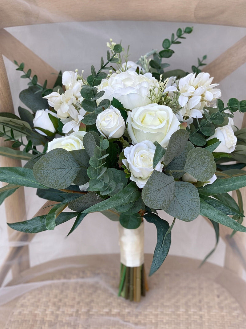 White Rose Bridal Bouquet, Classic Wedding White Peony Bouquet, Rustic Boho Flower Bouquet,  Design in Rose,Peony and Eucalyptus wedding flower